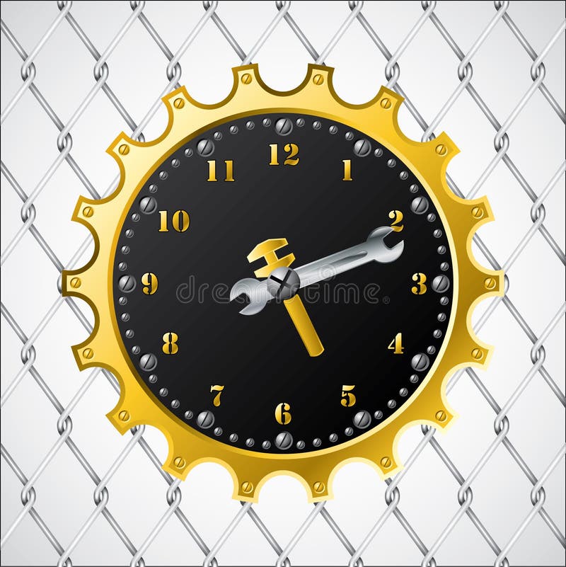 Industrial design clock on wired fence. Industrial design clock on wired fence