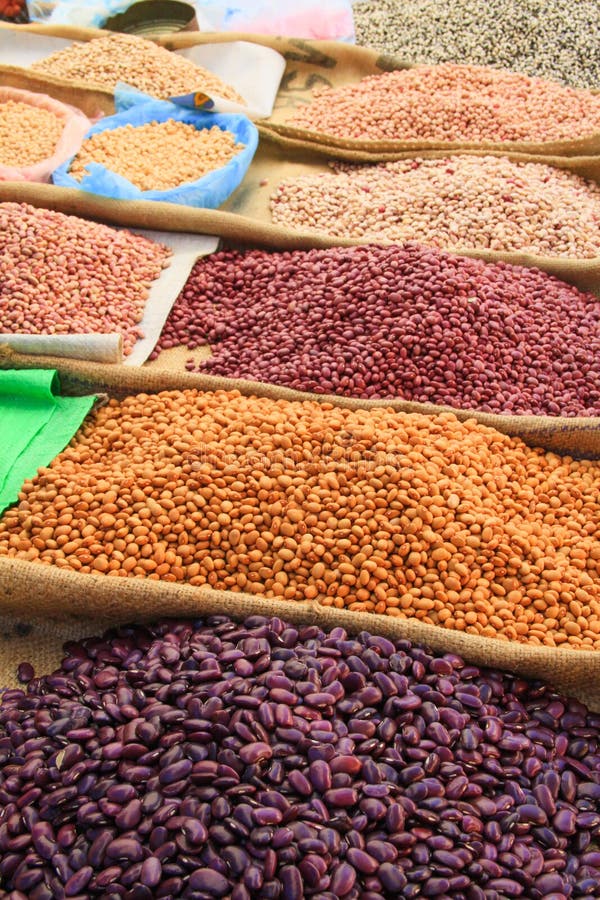 Pulses and Beans Displayed on Burlap Bags on Mexican Market Stall. Pulses and Beans Displayed on Burlap Bags on Mexican Market Stall