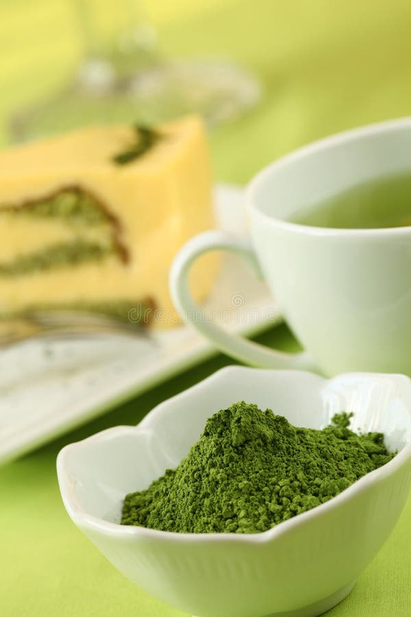 Japanese Matcha green tea powder, tea and cake. Japanese Matcha green tea powder, tea and cake