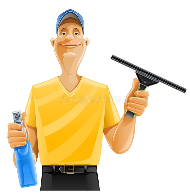 Pulverizador do rodo de borracha do indicador da limpeza do homem ilustração royalty free Pulverizador do rodo de borracha do indicador da limpeza do homem ilustração royalty free
