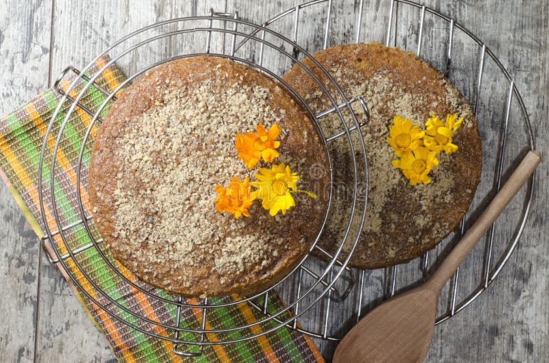 Pumpkin cake with spiced and ground walnuts. From series Pumpkin season. Recipe: 1 cup sugar; Â½ cup vegetable oil; 1 cup pumpkin puree; 1/2 teaspoon vanilla extract; 2 eggs; 1 cup flour; 1 Â½ teaspoons baking powder; 1 teaspoon baking soda; 1/8 teaspoon salt; 2 teaspoons ground cinnamon; 1/2 teaspoon nutmeg; 2 tablespoon ground walnuts. Pumpkin cake with spiced and ground walnuts. From series Pumpkin season. Recipe: 1 cup sugar; Â½ cup vegetable oil; 1 cup pumpkin puree; 1/2 teaspoon vanilla extract; 2 eggs; 1 cup flour; 1 Â½ teaspoons baking powder; 1 teaspoon baking soda; 1/8 teaspoon salt; 2 teaspoons ground cinnamon; 1/2 teaspoon nutmeg; 2 tablespoon ground walnuts