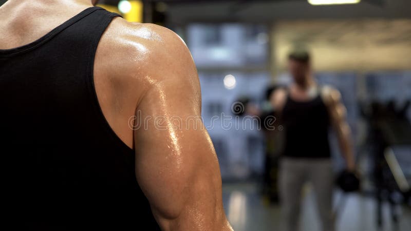 Pumpender Arm des verschwitzten Sportlers mischt mit und hält Dummköpfe in Handnahem hohem, Ziel lizenzfreies stockfoto Pumpender Arm des verschwitzten Sportlers mischt mit und hält Dummköpfe in Handnahem hohem, Ziel lizenzfreies stockfoto