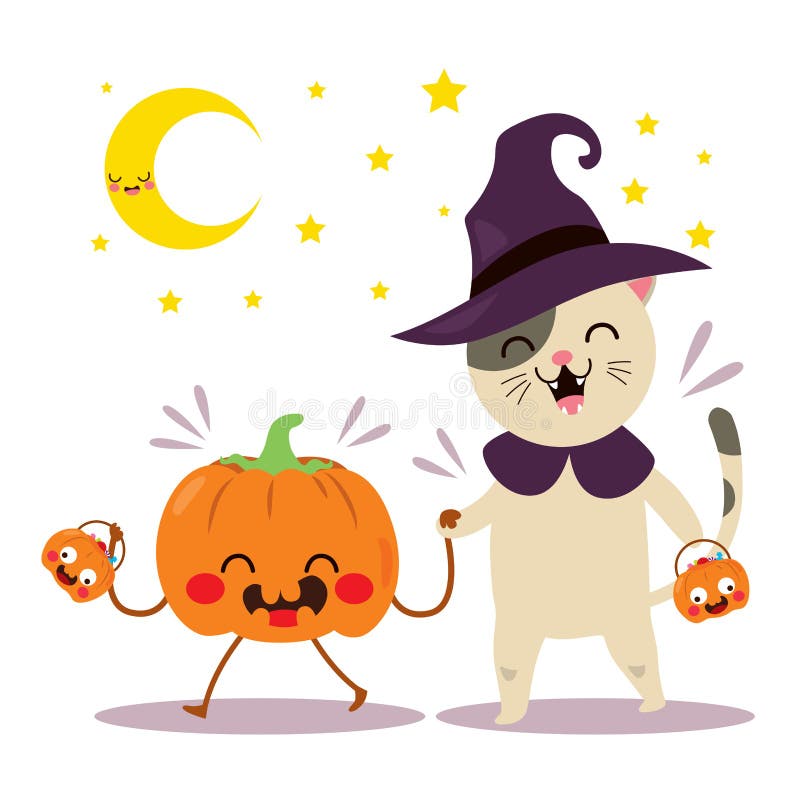 Pumpkin Cat Friends Walking Halloween stock illustrationer Pumpkin Cat Friends Walking Halloween stock illustrationer