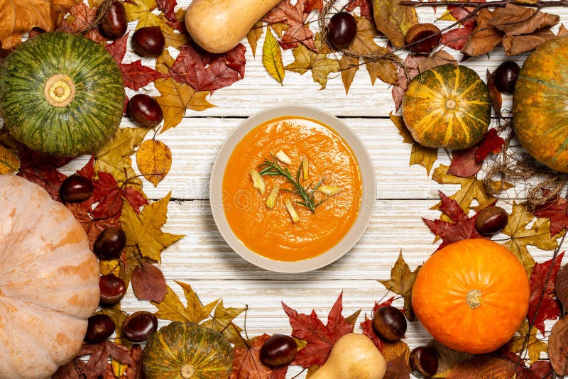Pumpkin and chestnut soup with rosemary twig circled by chestnuts and pumpkins, autumn leaves and branches on a white vintage wood stock image Pumpkin and chestnut soup with rosemary twig circled by chestnuts and pumpkins, autumn leaves and branches on a white vintage wood stock image