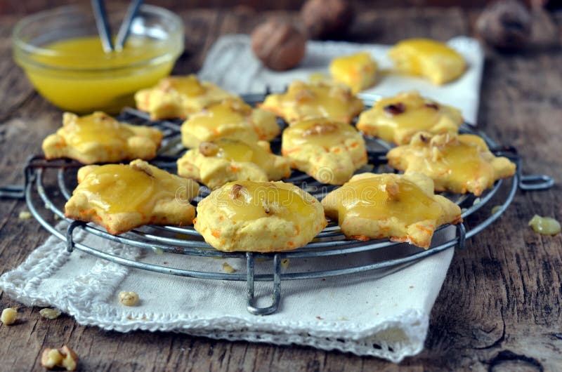 Pumpkin Cookies with a Piece of Taffy and Nuts Stock Photo Image of
