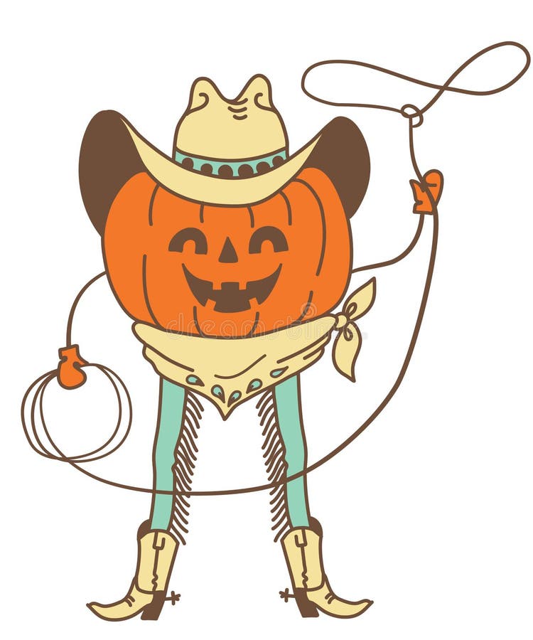 Pumpkin cowboy rodeo vector printable color illustration. Halloween pumpkin wearing cowboy hat and cowboy boots holds lasso