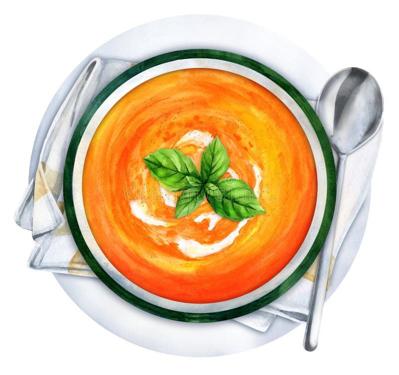Pumpkin Cream Soup with Basil Watercolor Stock Illustration ...