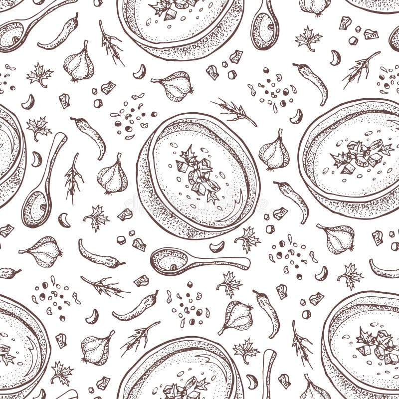 Pumpkin cream soup vector seamless pattern. Isolated hand drawn bowl of soup, spoon, spices, sliced piece of pumpkin and seeds.