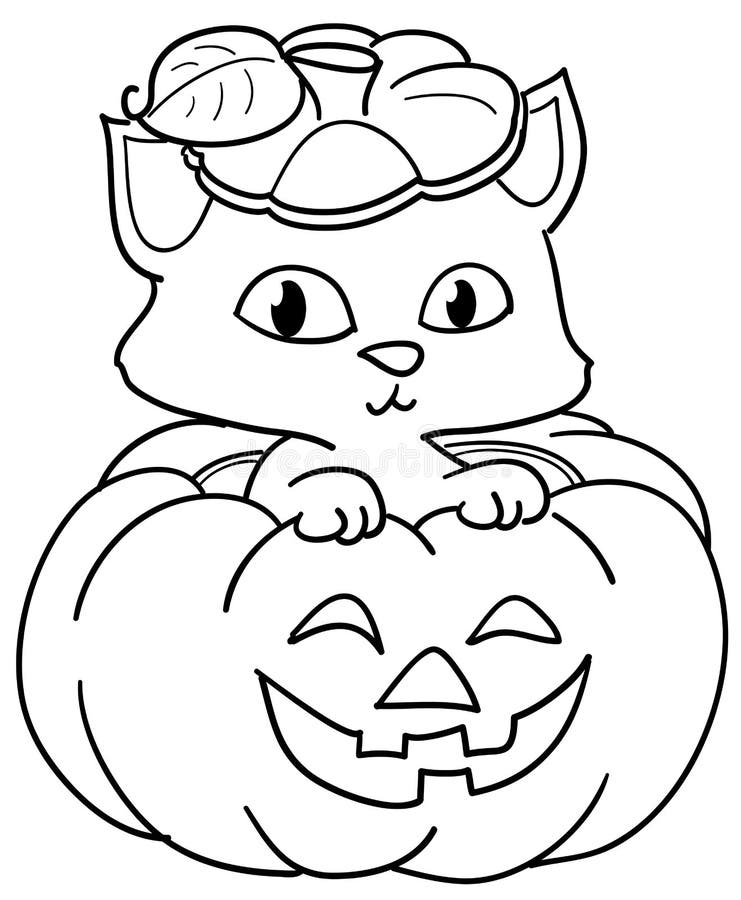 Pumpkin and Cute Cat Coloring Stock Vector - Illustration of lantern