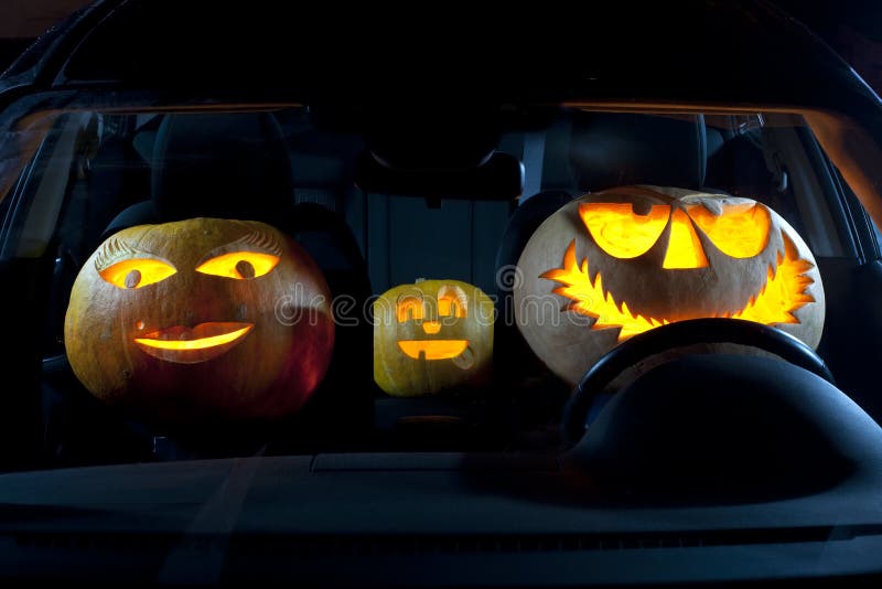 Pumpkin family in a car stock images Pumpkin family in a car stock images