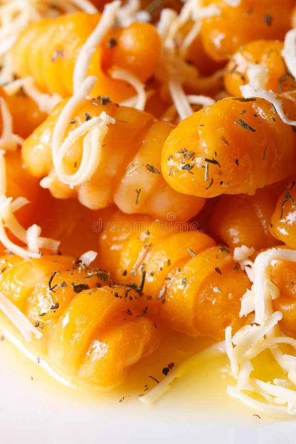 Pumpkin Gnocchi with Cheese and Sauce Macro. Vertical Top View Stock