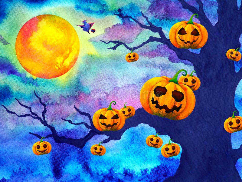 Pumpkin halloween night background full moon watercolor painting illustration design hand drawing