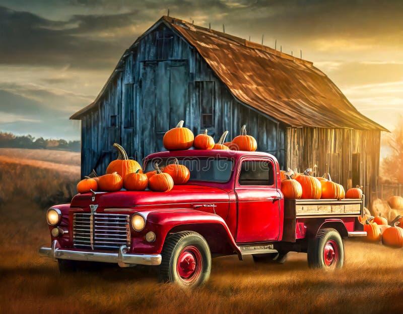 Viejo, antiguo, camión es un lleno calabaza otono o rechazar calabaza cosecha entrega es un estacionado en de resistido granero durante dorado lección la luz.