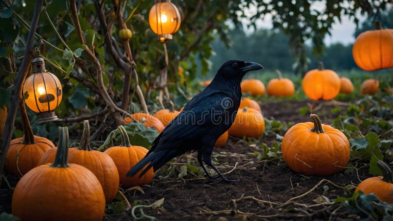 Mysterious Pumpkin-Headed Crow Amidst Twisted Trees and Lanterns in a Dark Pumpkin Patch stock photo