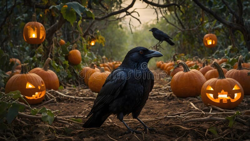 Pumpkin-Headed Crow in Mysterious Pumpkin Patch with Lantern and Twisted Trees stock images