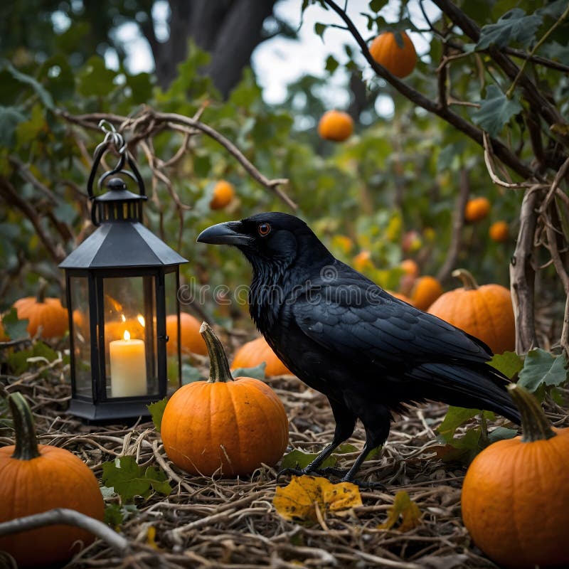 Pumpkin-Headed Crow in Haunting Pumpkin Patch with Lantern Light and Twisted Trees royalty free stock image