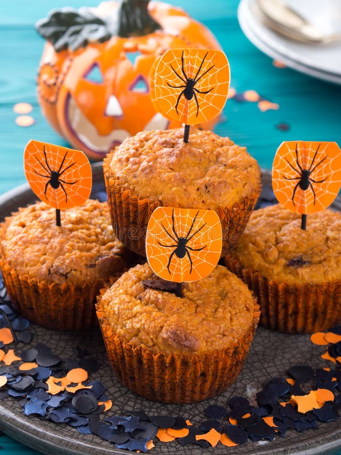 Pumpkin Muffins For Halloween Kids Party Stock Image - Image of dessert ...