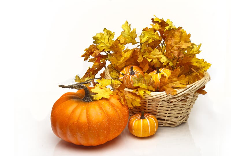 Pumpkin near a basket of leaves and pumpkins