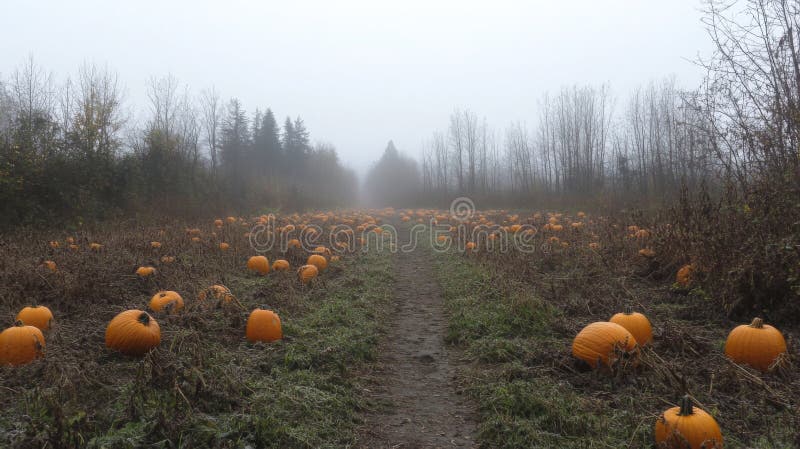 Pumpkin patch in a misty field on a chilly autumn day surrounded by trees and fog stock photo