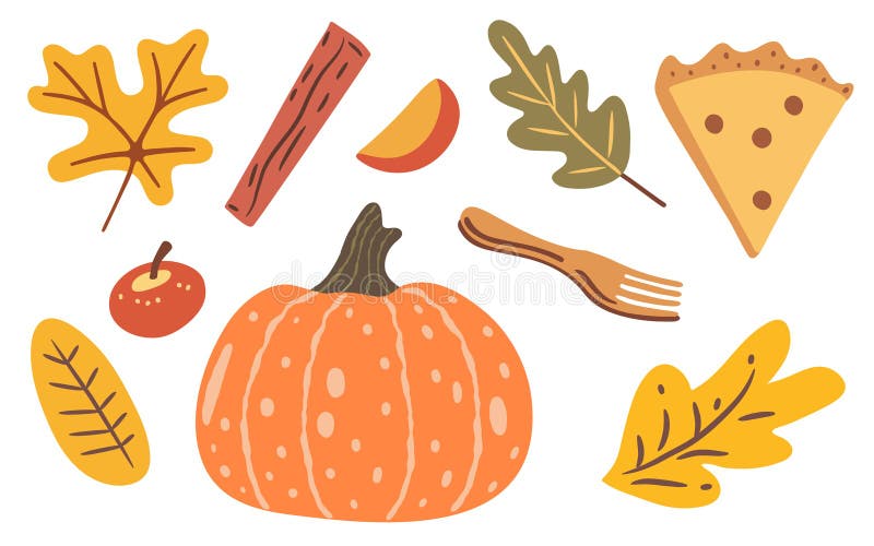 Pumpkin, pie and cinnamon stick, collection of hand drawn doodle illustrations royalty free illustration