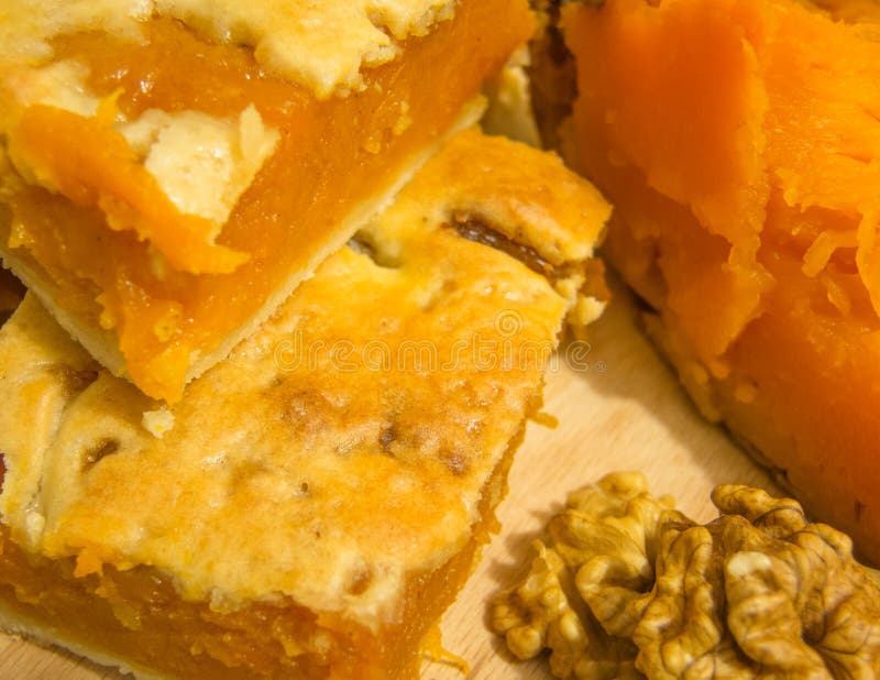 Pumpkin pie and walnut kernels