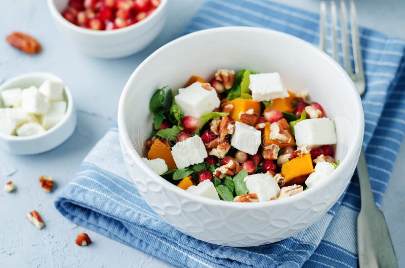 Pumpkin Pomegranate Pecan Arugula Goat Cheese Salad Stock Photo Image