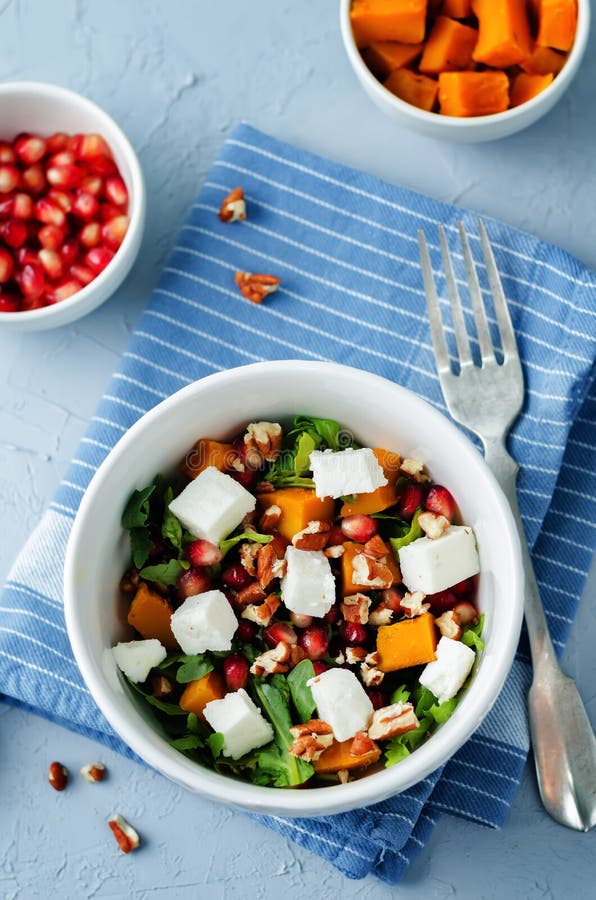 Pumpkin Pomegranate Pecan Arugula Goat Cheese Salad Stock Image Image