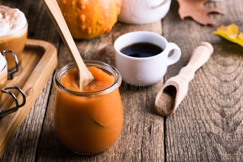 Pumpkin puree and ingredients for preparation pumpkin spice latte