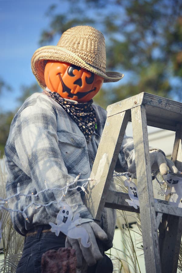 Pumpkin Scarecrow Climbing a Ladder