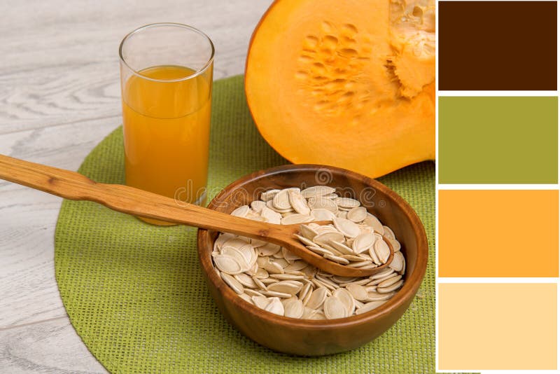 Pumpkin With Seeds And Pumpkin Juice With Color Palette Stock Photo pumpkin-with-seeds-and-pumpkin-juice-with-color-palette-stock-photo