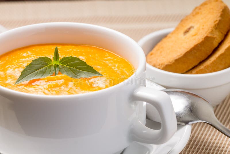 Pumpkin Soup in a Bowl with Fresh Basil Stock Photo Image of domestic