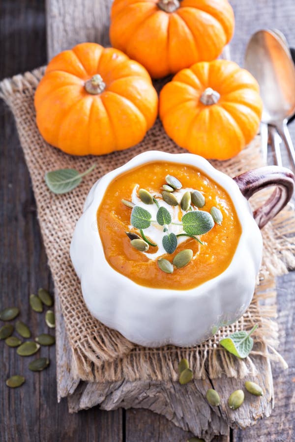 Pumpkin Soup with Cream, Herbs and Seeds Stock Photo Image of autumn, diet 59692398