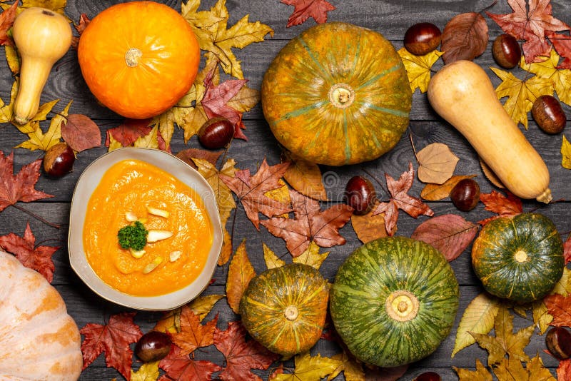 Pumpkin soup garnished with chestnut pieces and parsley on a dark wood background with leaves, pumpkin and chestnuts. Flat Lay royalty free stock photo Pumpkin soup garnished with chestnut pieces and parsley on a dark wood background with leaves, pumpkin and chestnuts. Flat Lay royalty free stock photo