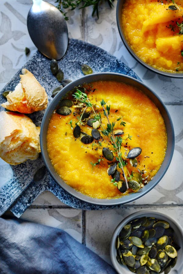 Pumpkin Soup Puree with Fennel and Pumpkin Seeds Stock Image Image of