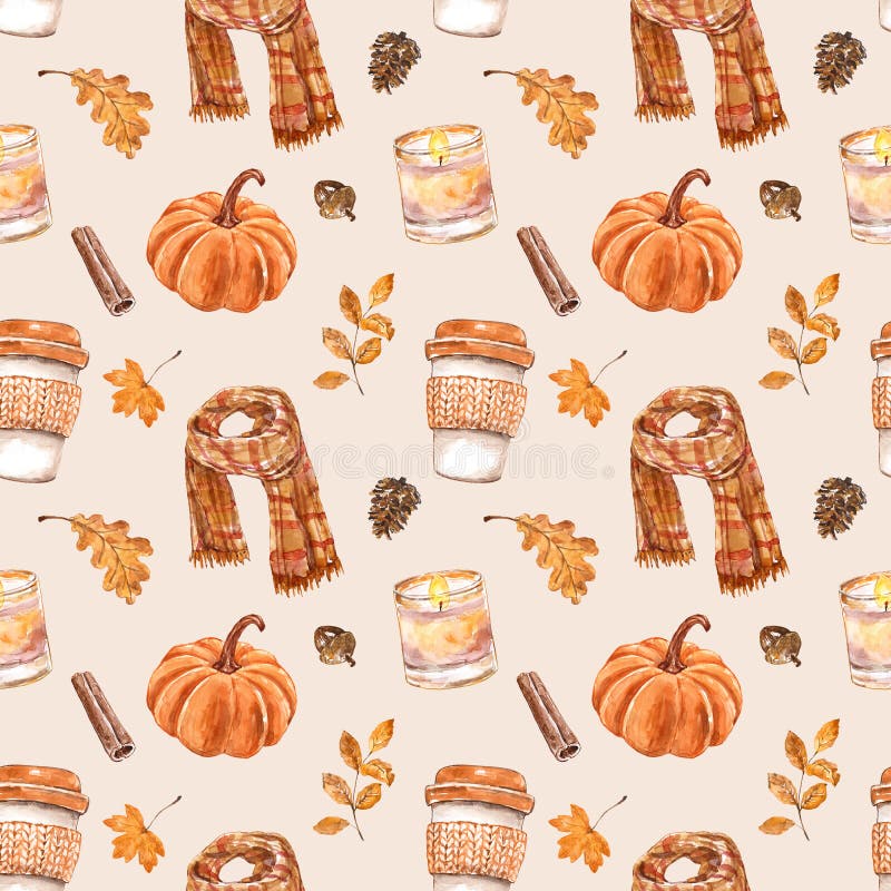 Pumpkin spice season themed seamless pattern. Watercolor fall mood print. Orange pumpkin, coffee latte cup, scarf