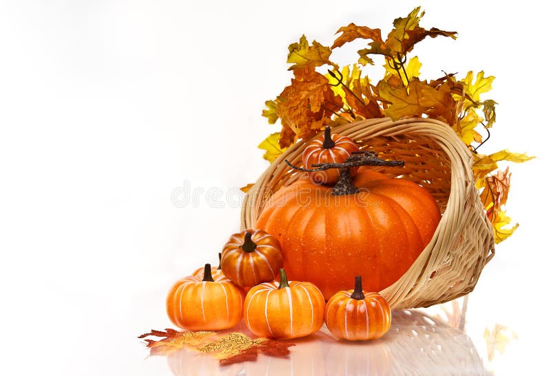 Pumpkins and Autumn Leaves in a Wicker Basket. Stock Image - Image of ...