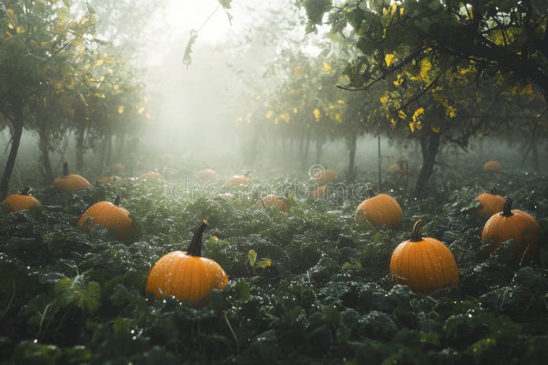 Pumpkins in a Foggy Field with Sunbeams Shining Through vector illustration