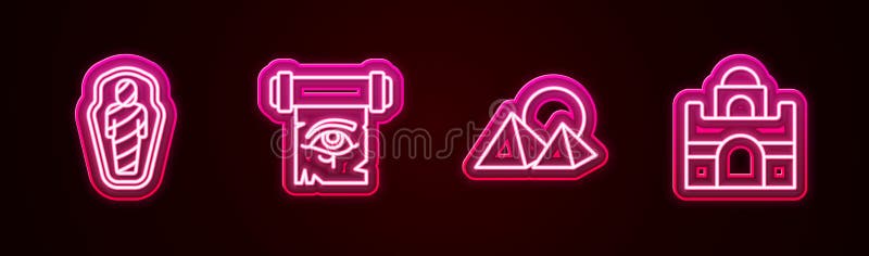 Pune-o pe linia egipteană mumie în ochi sarcofag de horus pe piramide papirus și casa egipteană. pictograma Strălucire neon vector illustration