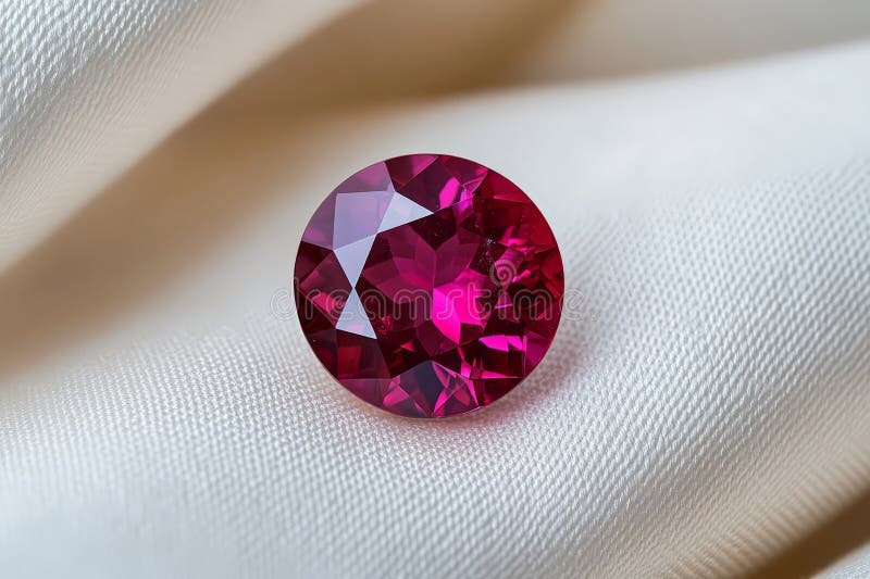 Pungande ruby-gemstone som vilar på lyxaktig vit satatväv med levande färg och ljusstyrka.. royaltyfri fotografi