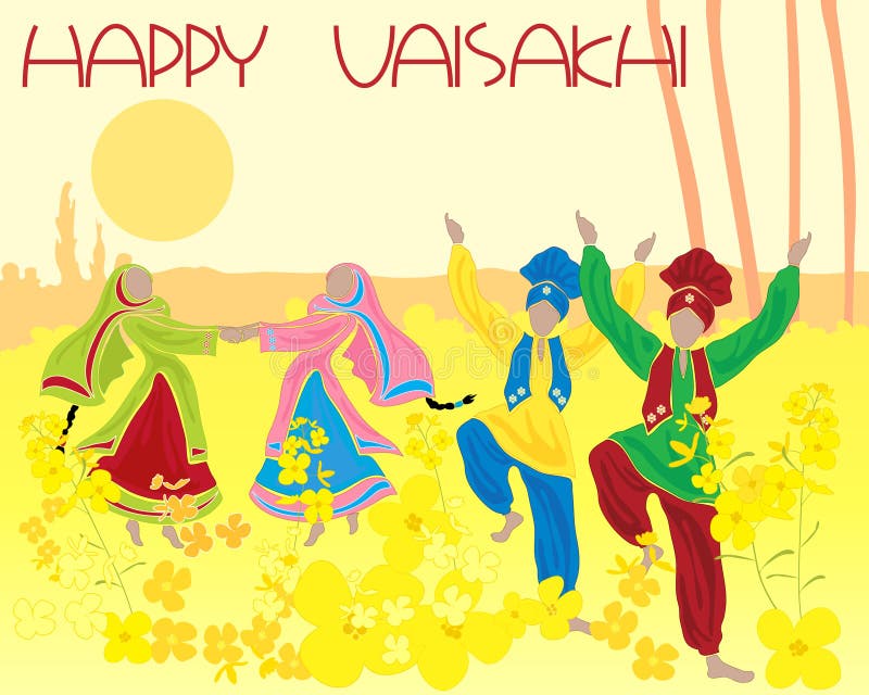 An illustration of a folk dance amongst the mustard crops of rural punjab with the greeting happy vaisakhi. An illustration of a folk dance amongst the mustard crops of rural punjab with the greeting happy vaisakhi