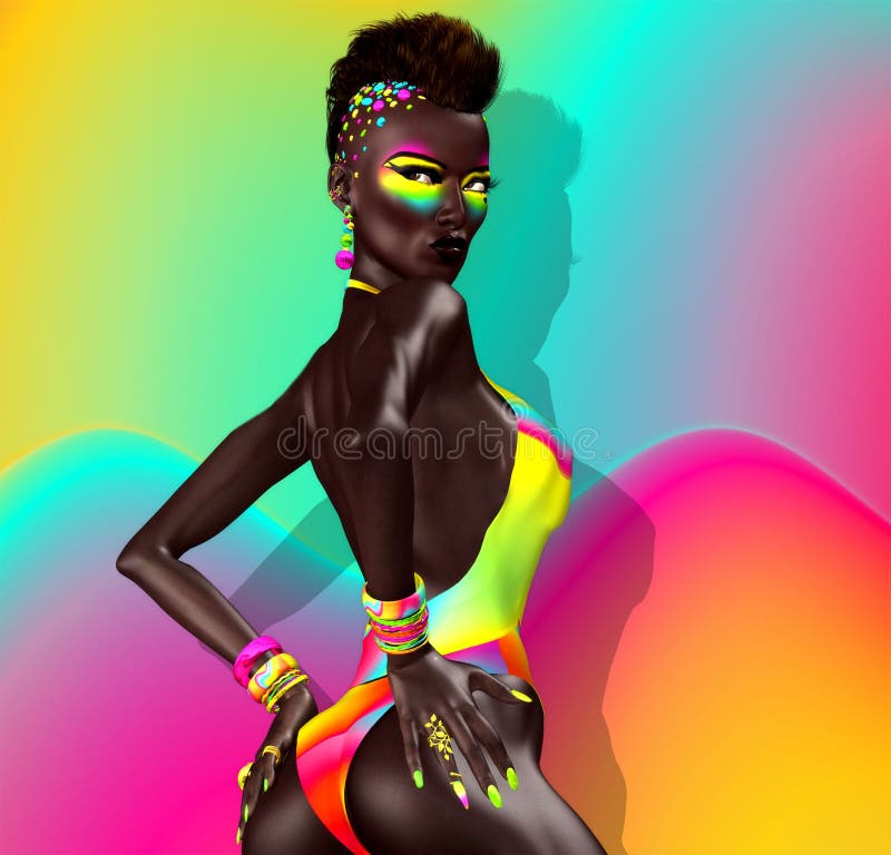 Punk Fashion Power. Mohawk hair,long legs, colorful cosmetics and matching background.
