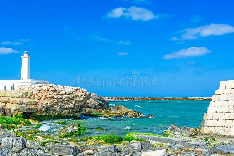 Lighthouse and Molo Adriano roman ruin from Punta San Cataldo di Lecce, Italy, sea, adriatic, water, building, landscape, stone, wall, summer