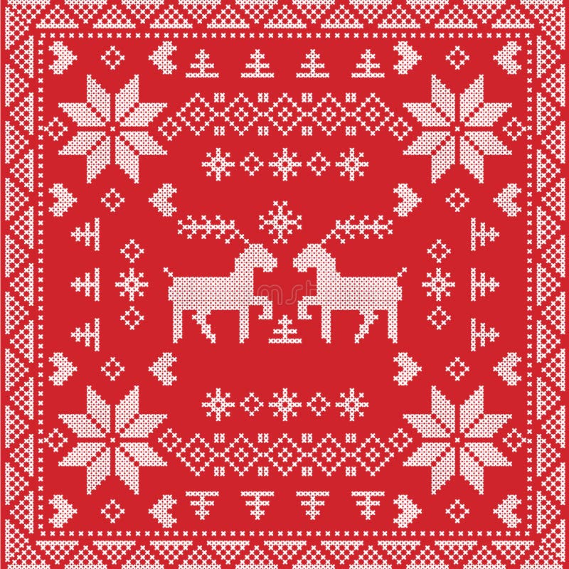 Scandinavian style Nordic winter stitch, knitting seamless pattern in square, tile shape including snowflakes, trees, Christmas snowflakes, hearts, reindeer, decorative elements on red background. Scandinavian style Nordic winter stitch, knitting seamless pattern in square, tile shape including snowflakes, trees, Christmas snowflakes, hearts, reindeer, decorative elements on red background