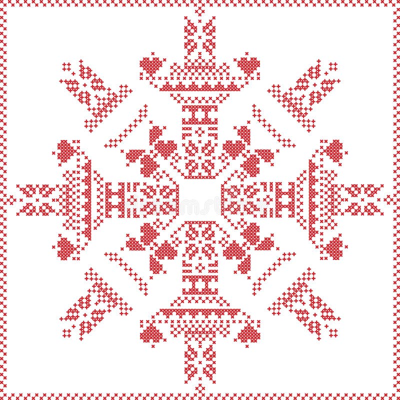 Scandinavian Nordic winter stitch, knitting Christmas pattern in in snowflake shape , with cross stitch frame including , snow, stars, decorative elements in red on white background. Scandinavian Nordic winter stitch, knitting Christmas pattern in in snowflake shape , with cross stitch frame including , snow, stars, decorative elements in red on white background