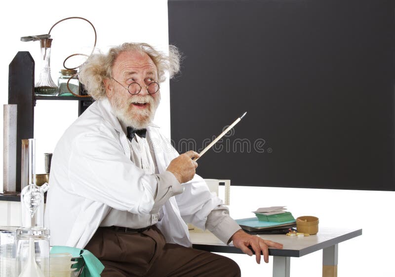 Cheerful eccentric senior scientist in his lab points to blackboard and explains his ideas. High key, horizontal, copy space. Cheerful eccentric senior scientist in his lab points to blackboard and explains his ideas. High key, horizontal, copy space.