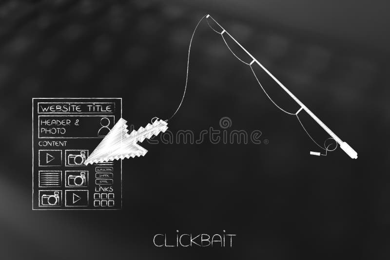 Puntatore del mouse di cattura della canna da pesca circa per cliccare sopra una pagina Web royalty illustrazione gratis