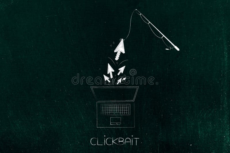 Puntatore del mouse di cattura della canna da pesca da un computer portatile, clickbait co royalty illustrazione gratis
