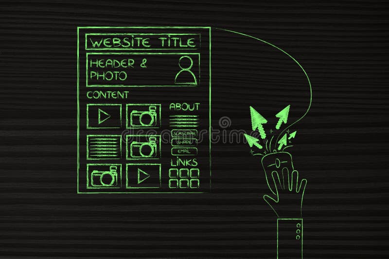 Puntatori che si spargono da un topo del computer accanto ad una pagina Web, Cl royalty illustrazione gratis