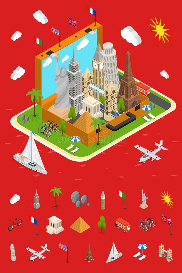 Punti di riferimento nella vista isometrica d'annata di concetto della valigia di viaggio e della parte degli elementi Vettore illustrazione vettoriale Punti di riferimento nella vista isometrica d'annata di concetto della valigia di viaggio e della parte degli elementi Vettore illustrazione vettoriale
