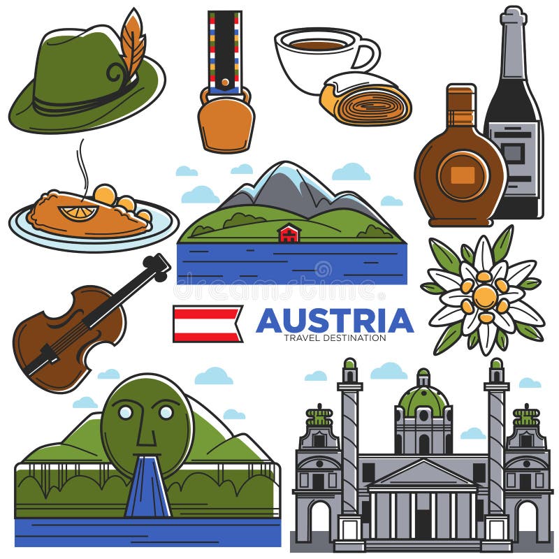 Punti di riferimento di viaggio di turismo dell'Austria ed icone facenti un giro turistico famose di vettore messi royalty illustrazione gratis Punti di riferimento di viaggio di turismo dell'Austria ed icone facenti un giro turistico famose di vettore messi royalty illustrazione gratis